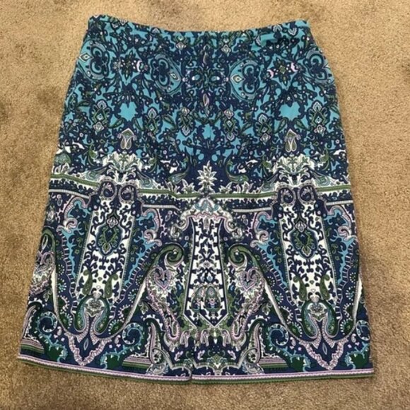 Talbots Dresses & Skirts - Talbots Pencil Skirt Paisley Print Damask Classic Blue Purple green stretch slit